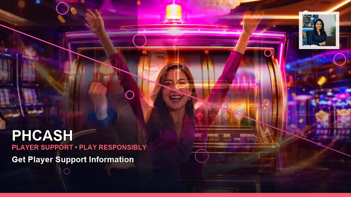 PHCASH online slot lobby featuring an adult Filipina casino host in a right-focused close-up composition